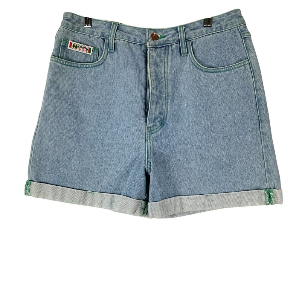Cross Colours Blue Light Wash Denim Cuffed Shorts 4in Inseam Size 30 w/Pockets
